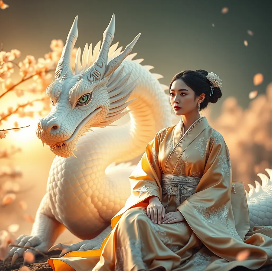 白竜と着物を着た女性
